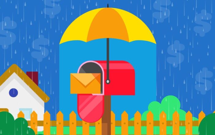 An umbrella protecting an open mailbox with a piece of mail in it from the rain and dollar signs